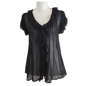 black sheer ruffle-front blouse / layered sleeve button-down top – women’s S